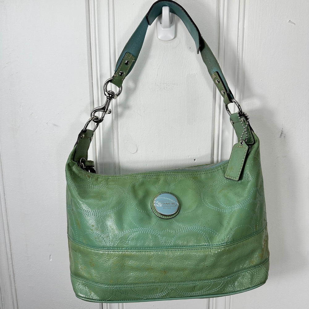 Coach Shoulder Bag Womens Medium Green Fair Patent Leather Hobo C Logo